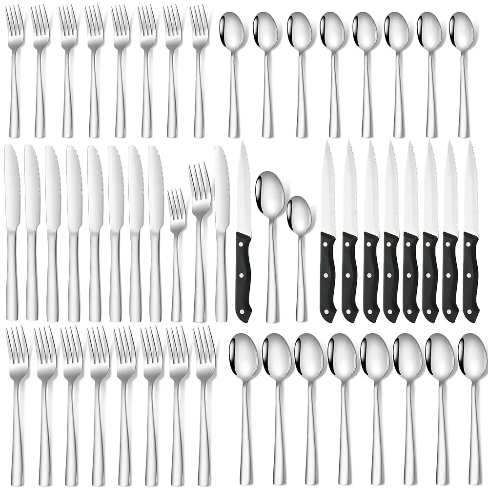 8-Person 48-Piece Stainless Steel Tableware Set - Mirror Polish Flatware, Steak Knives, Rust-Proof, Dishwasher-Safe, BPA-Free, Chip-Resistant, Plastic-Free Oval Shape Casual Modern Kitchen Supplies - Ideal for Campfire/BBQ Party, Wedding Gifts