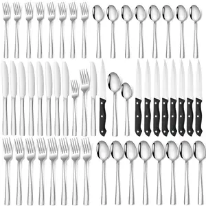48-Piece Stainless Steel Cutlery & Tableware Set - Kitchen Supplies with Steak Knives, Mirror Polished Flatware for 8, Rust-Proof, Dishwasher Safe, Plastic-Free Casual Modern Dinner Sets - Ideal for Outdoor Dining, Wedding Gifts