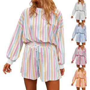 FMEYOA Womens Striped Short Sets 2 Piece Outfits Long Sleeve Shirts and Shorts Matching Lounge Set Casual Sweatsuits