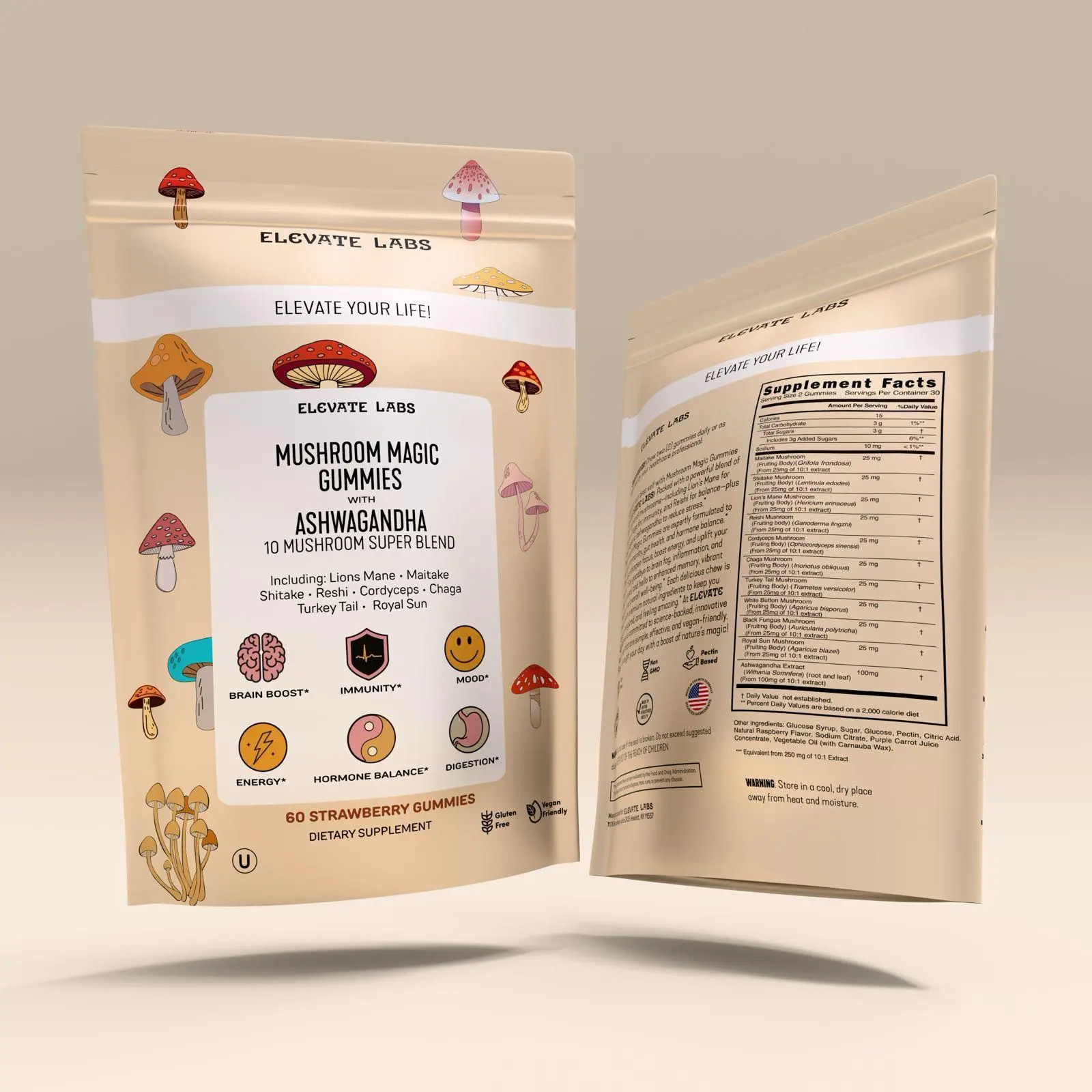Elevate Labs Mushroom Magic Gummies - 10 Mushroom Blend with Ashwagandha for Focus, Energy, Mood, Immunity & Stress Relief - Kosher Certified by OU, Halal - Vegan 60 Strawberry Gummies - Made in USA