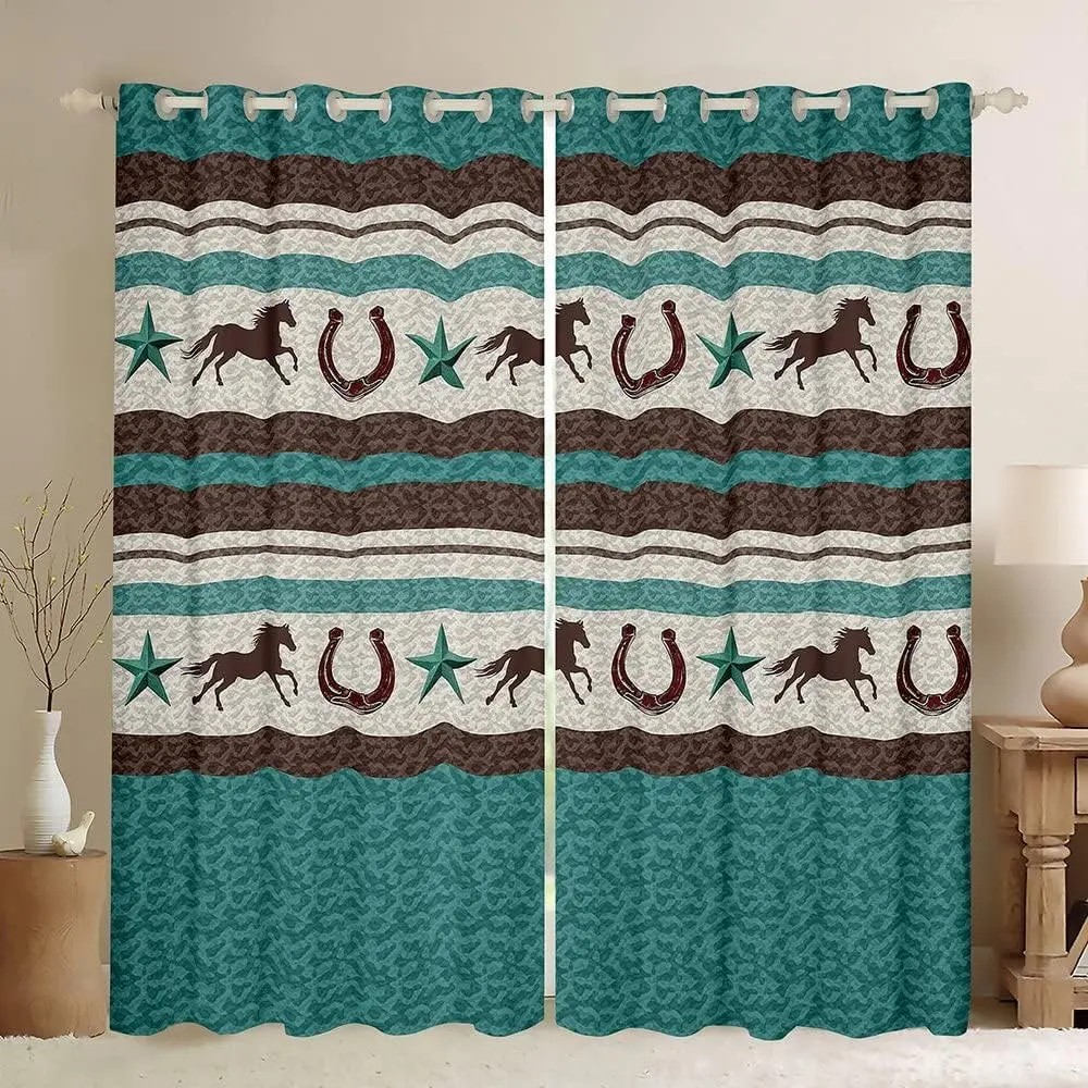 Feelyou Velvet Fabric Western Horseshoe Light Filtering Curtains - 2 Panels Cowboy Theme Retro Drapes, Multi-Size Farmhouse Window Treatments for Bedroom (Teal, Beige, Brown), Two Panels
