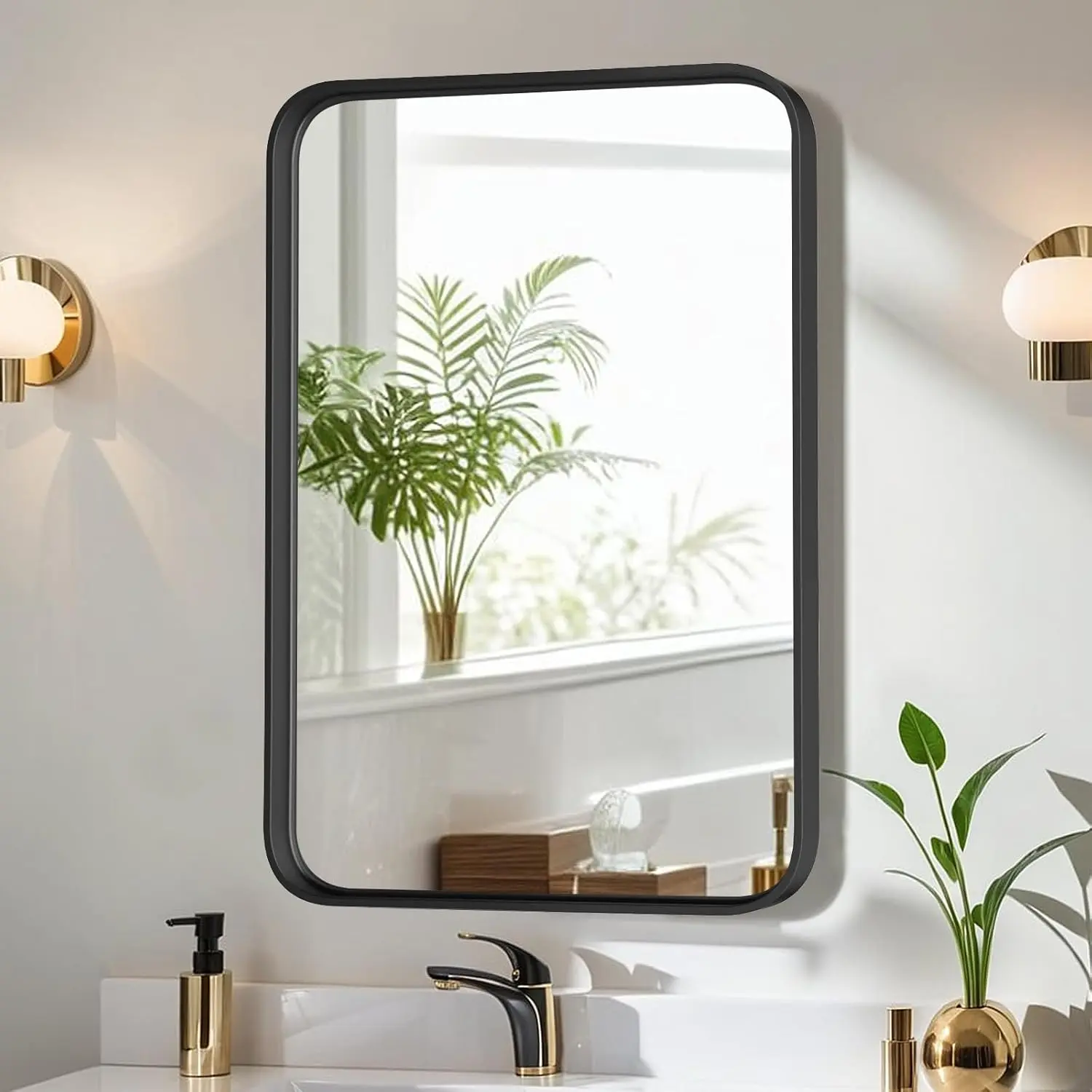 Large Modern Black Aluminium Framed Rounded Rectangle Wall Mirror - Lightweight Bathroom Interior Mirror with Float Safety Glass, Easy Installation, Hanging/Mountable Decor (3 Sizes)