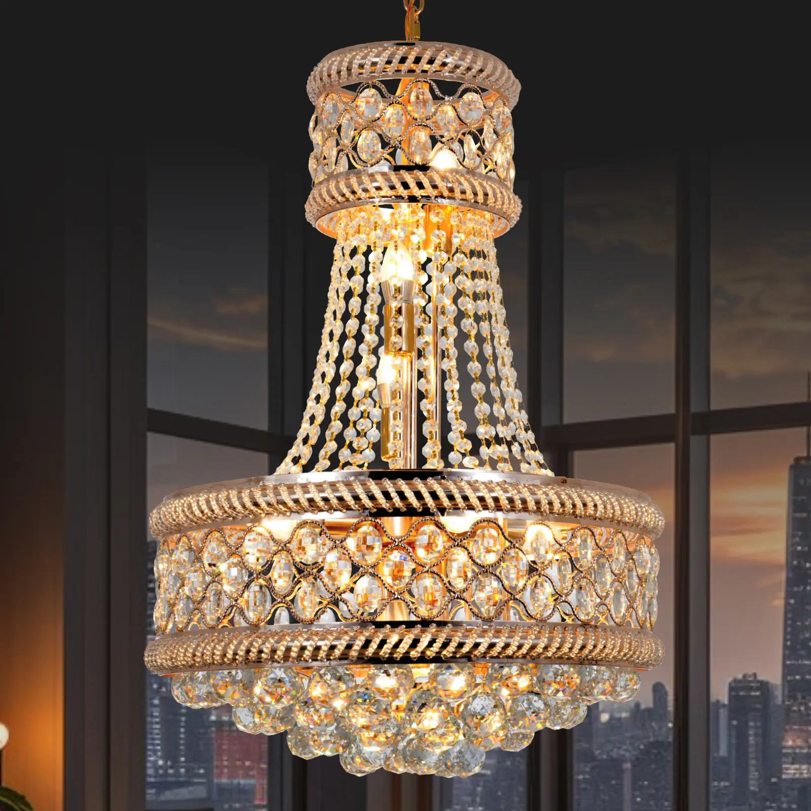 Golden duplex living room hallway crystal chandelier - E26 bulb base