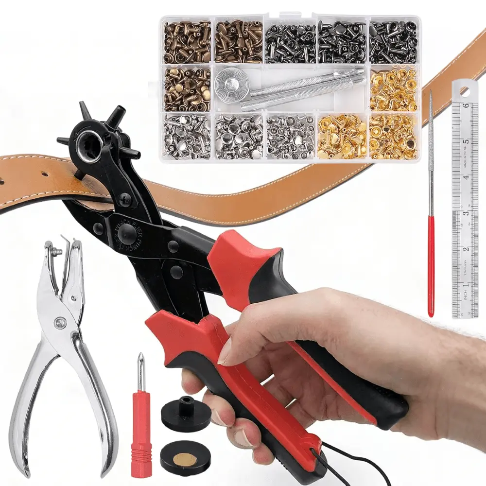 [Summervibes] 240 Pcs Leather Double Cap Rivets with Heavy Duty Punch Plier,Belt Hole Puncher Revolving Hole Punch Rivets Tool Kit for Belt Shoes Fabric,Leather Hole Punch Set,Valentine's Day Gifts,Tools & Hardware