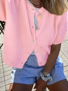 New Elegant Short Sleeve Knitwear, Round Neck Button Front Cardigan, Casual All-Season Women's Top, Perfect for Daily Wear and Commute