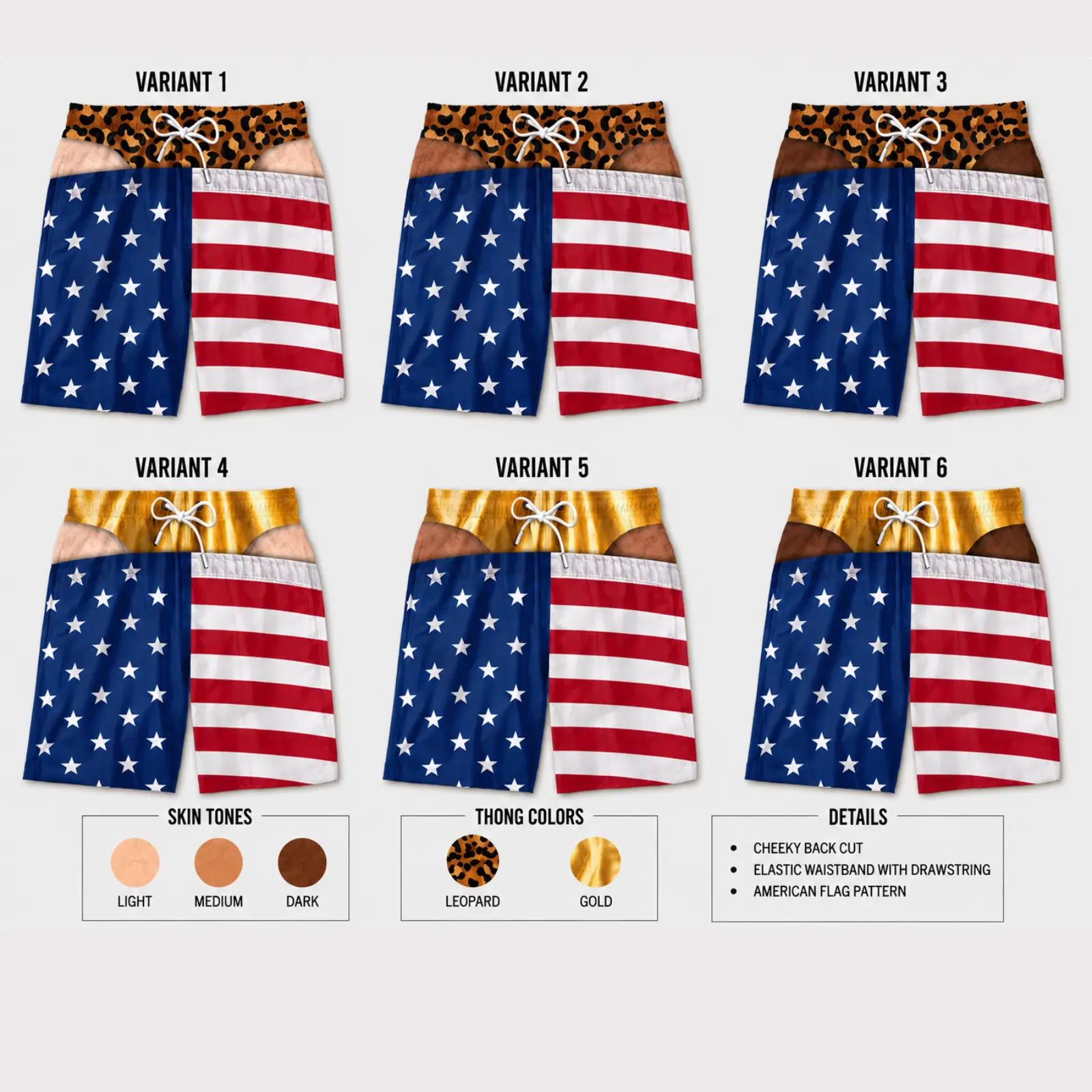 Patriotic American Flag Swim Trunks, Cheeky Back Cut Board Shorts, Leopard or Gold Waistband, Custom Skin Tone Summer Beachwear