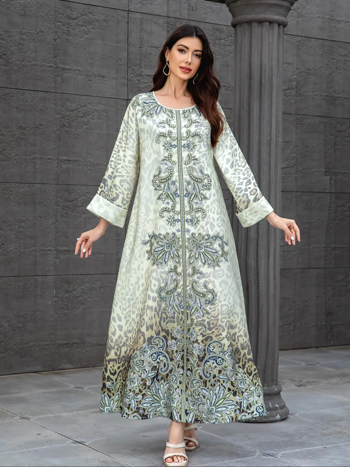 Women's Ethnic Pattern Long Sleeve Dress, Modest Round Neck Long Dress for Party Holiday Vacation, Ladies Islamic Clothing, Muslim Evening Dress, Modest Muslim Outfits for All Seasons, Arabian Dress, Tunic Dress, Modest Gown, Modest Dresses
