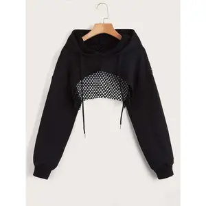 Sport Drop Shoulder Drawstring Hollow Out Super Crop Sports Hoodie Without Cami Top Cropped Hoodie
