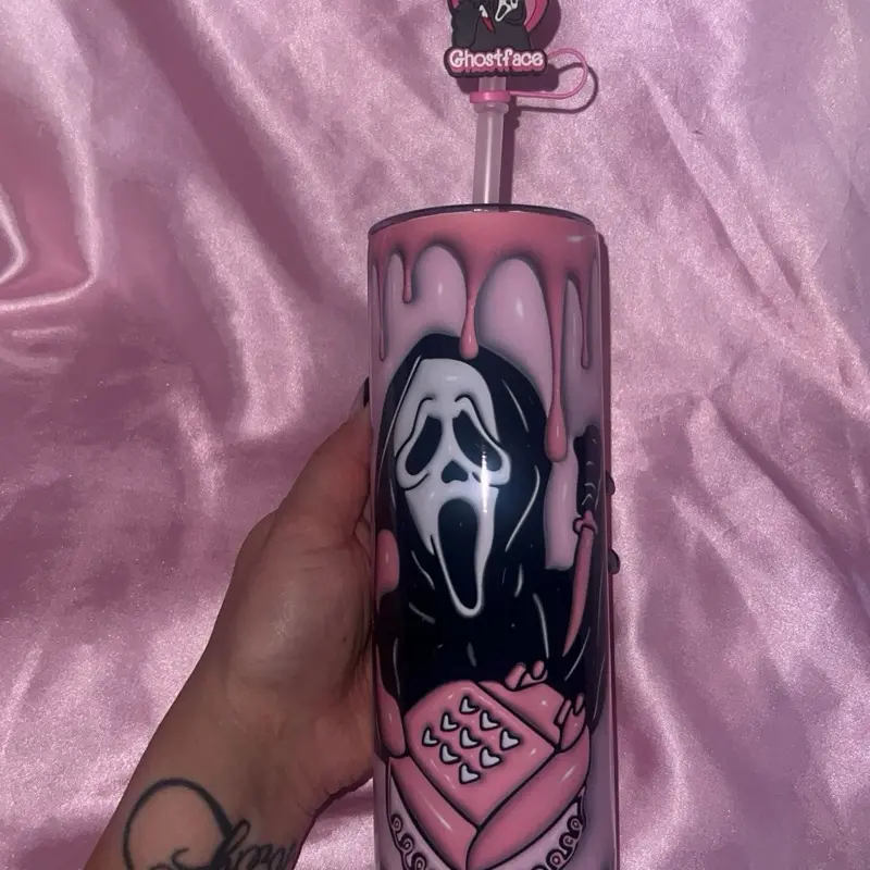 Pink Ghost Face 20 oz Tumbler with Unique Design and Functional Features