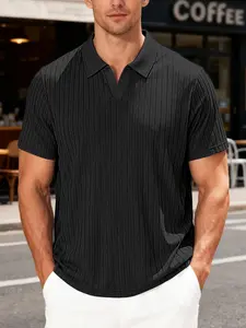 New Men's Solid Color Ribbed Knit Polo Shirt V-Neck Lapel Casual Classic Short Sleeve Top, Suitable for Summer Casual Sports Men's