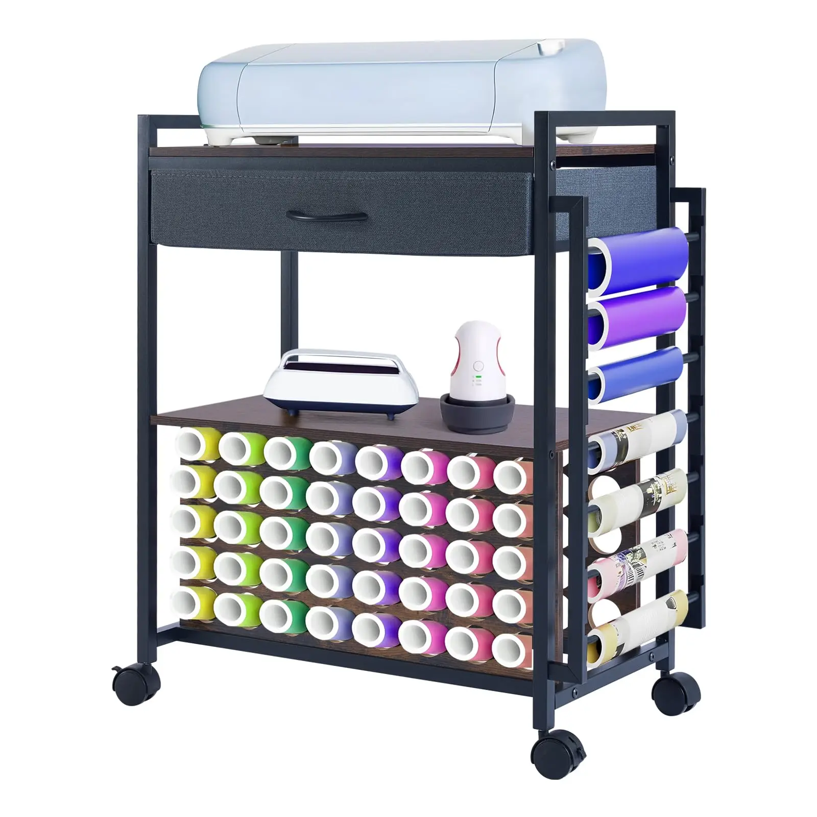 Heavy Duty Metal Sewing & Craft Table Workstation with Vinyl Shelf, Drawer, Craft Cart, Caster Wheels, Roll Holder - Organized Solution for Hobby Rooms, Knitting Studios, Storage Cart