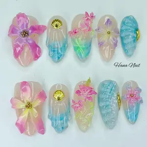 3D Tropical Flower Nails With Seashells – Summer Ocean Pastel Press on Nails, Short Oval Beach Nails, Handmade Jelly Floral Nail Art