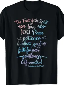 Men's Christian Faith T-Shirt with Fruit of the Spirit Bible Verse - Casual Round Neck Tee Suitable for Church Bible Study & Casual Attire Durable Religious Apparel for Machine Washable Gift