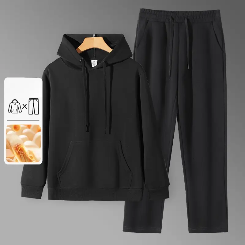 Men's 2-Piece Cotton Tracksuit - Plain, Normal Type, Breathable Fit Sportswear with Hooded Long Sleeve Top & Pants, Casual Loose-Fit Drawstring Athletic Wear for Fall Daily Use