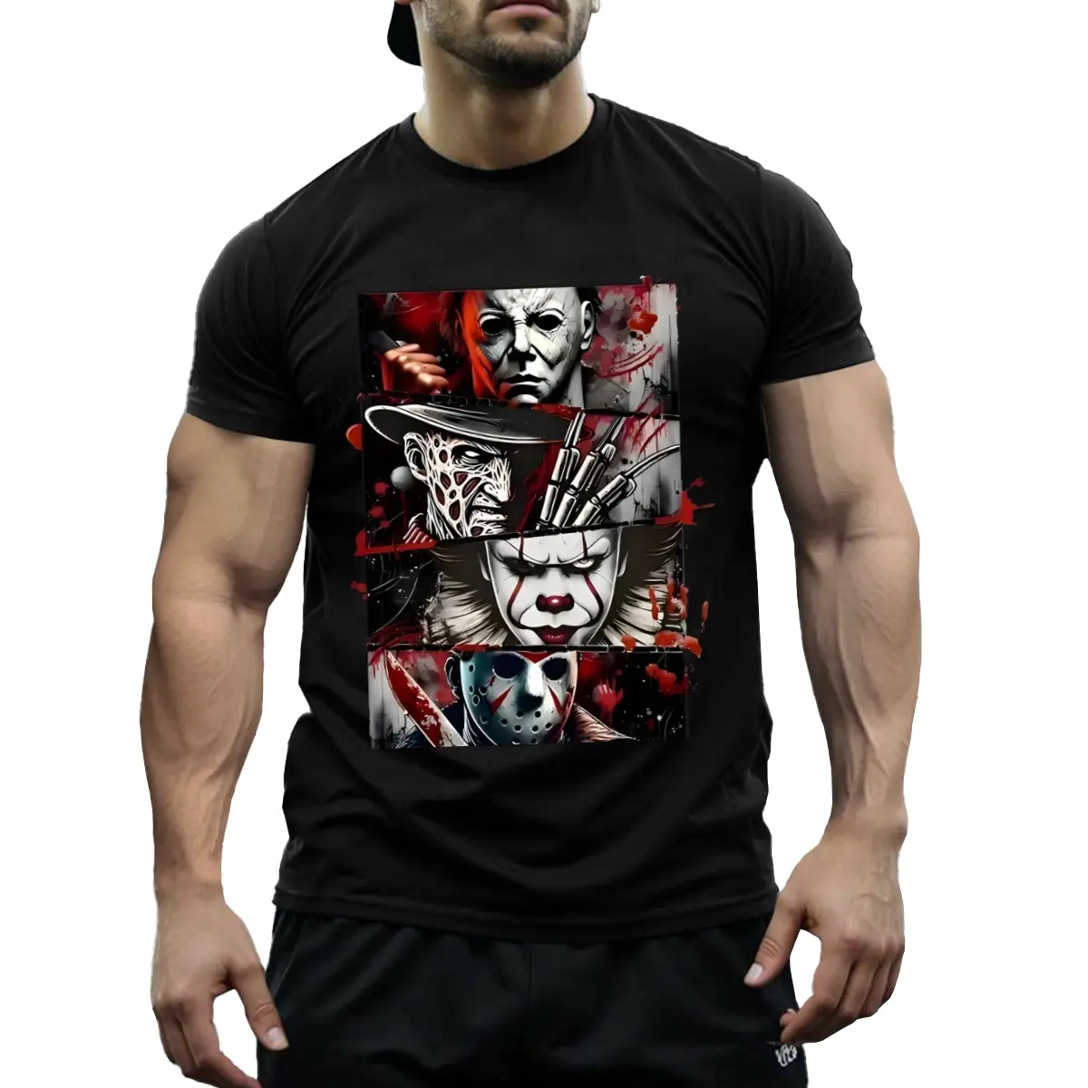 Mens 100% Cotton Horror Graphic Tee Black Short Sleeve Streetwear Casual Shirt for Daily & Night Outings Digital Print Halloween Icon Freddy Jason Myers Breathable Round Neck