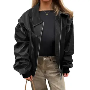 Tankaneo Womens Oversized Leather Bomber Jackets Cap Sleeve Zip Up Motorcycle Coats with Pockets