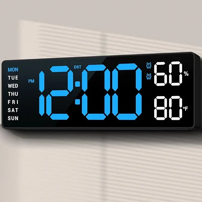Digital Wall Clock Large Display, 9" LED Wall Clocks for Living Room Decor, Digital Clock with Temperature/DST/Auto-Dimming/Humidity/Snooze - 12/24H, Silent Digital Clocks for Seniors Kids