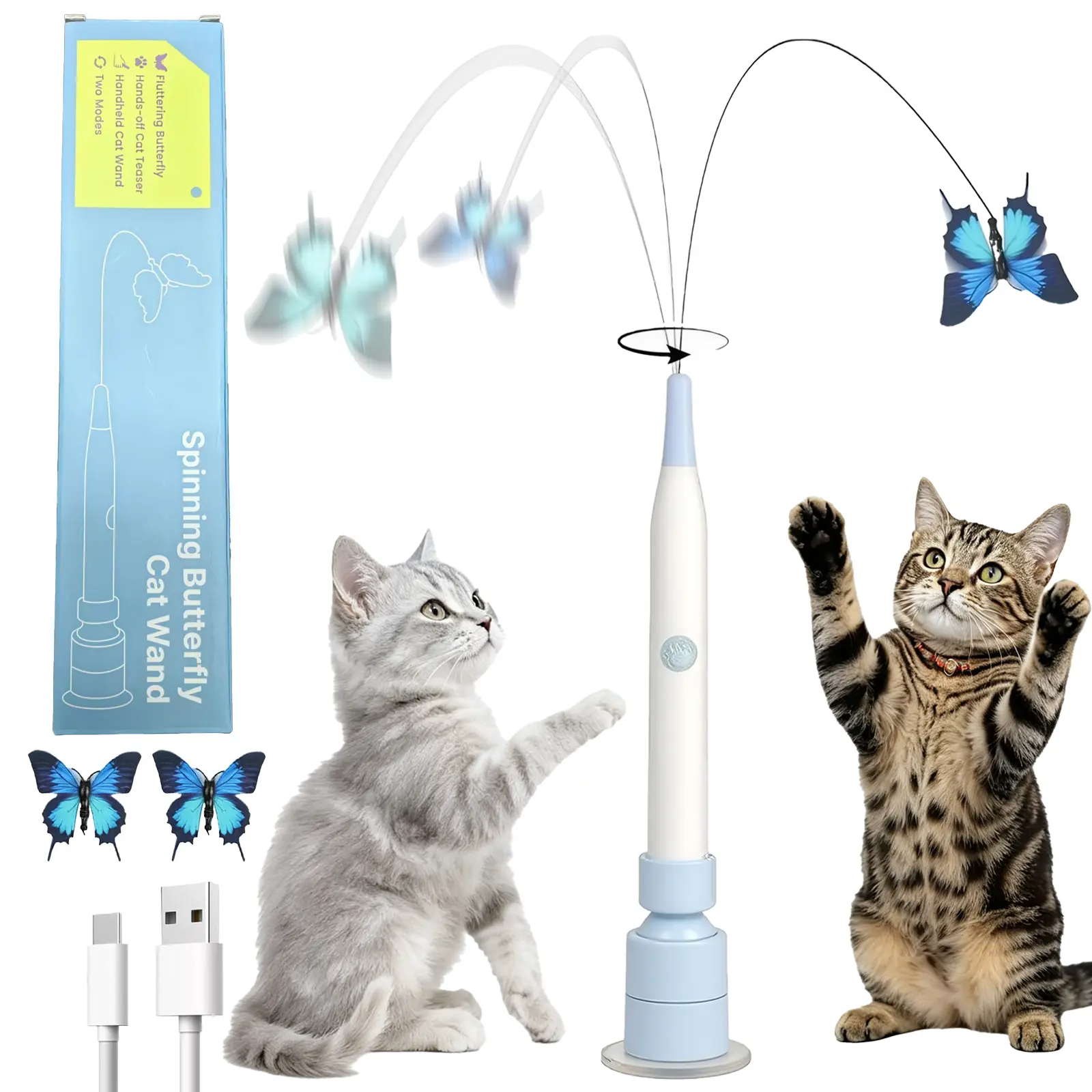 Rotating Butterfly Cat Toy – USB Rechargeable Automatic Teaser with 360° Spin & Random Movement, Self-Play & Handheld Modes, Durable Suction Cup Base – Great for Kittens and Adult Cats