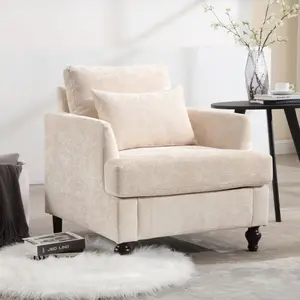 Modern Accent Armchair for Living Room, Chenille Fabric Single Sofa Chairs with Pillow, Upholstered Cozy Side Reading Lounge Chair for Bedroom Club Office Apartment, Beige