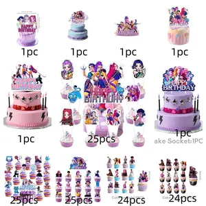 Girl Theme Birthday Cake Plaque Set, Paper Cupcake Decoration Flags, Cartoon Character Sweet Treats Table Setup Supplies