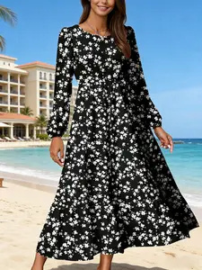 French Vintage Floral Long Dress, Long Sleeve Sun Protection, Beach Vacation Outdoor Casual Hoodie, Loose-Fitting All Seasons