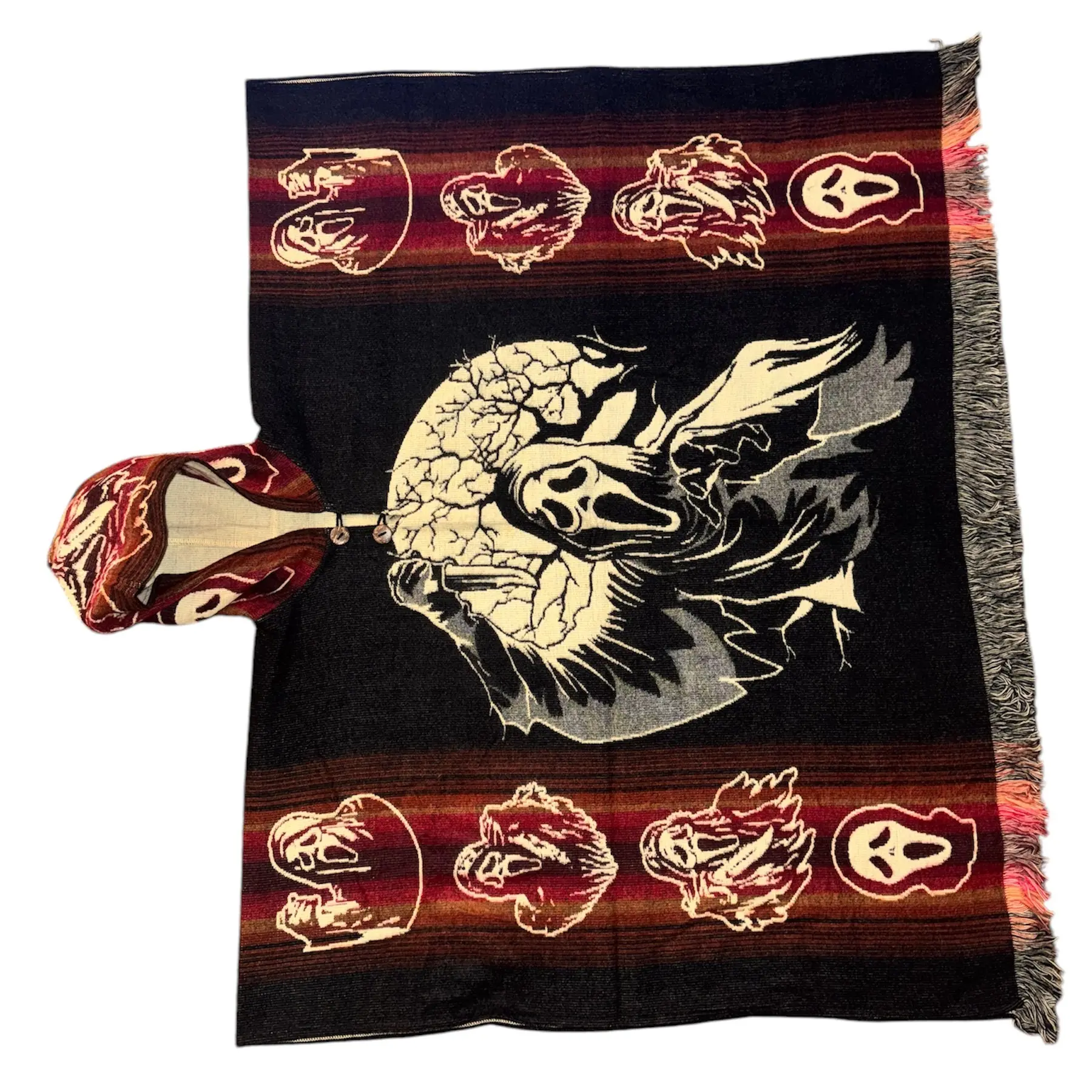 Ghost Town Poncho - Ghost Poncho - Alpaca Wool Poncho (black and red) Unisex - Exclusive Design! Crafted by Indigenous Hands from Ecuador