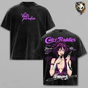 Premium Acid Washed Heavy Cotton Yuzuriha Hell's Paradise Anime T-Shirt Vintage Streetwear 90s Graphic Kunoichi Assassin Ninja Tee Oversized Y2K Casual Top Men Women Dark Femme Fatale American Street Style Gym Pump Cover Trending Retro Outfits Apparel