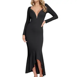 Popilush Shapewear Long Sleeve Lace Trim Mermaid Maxi Dress Chic Casual