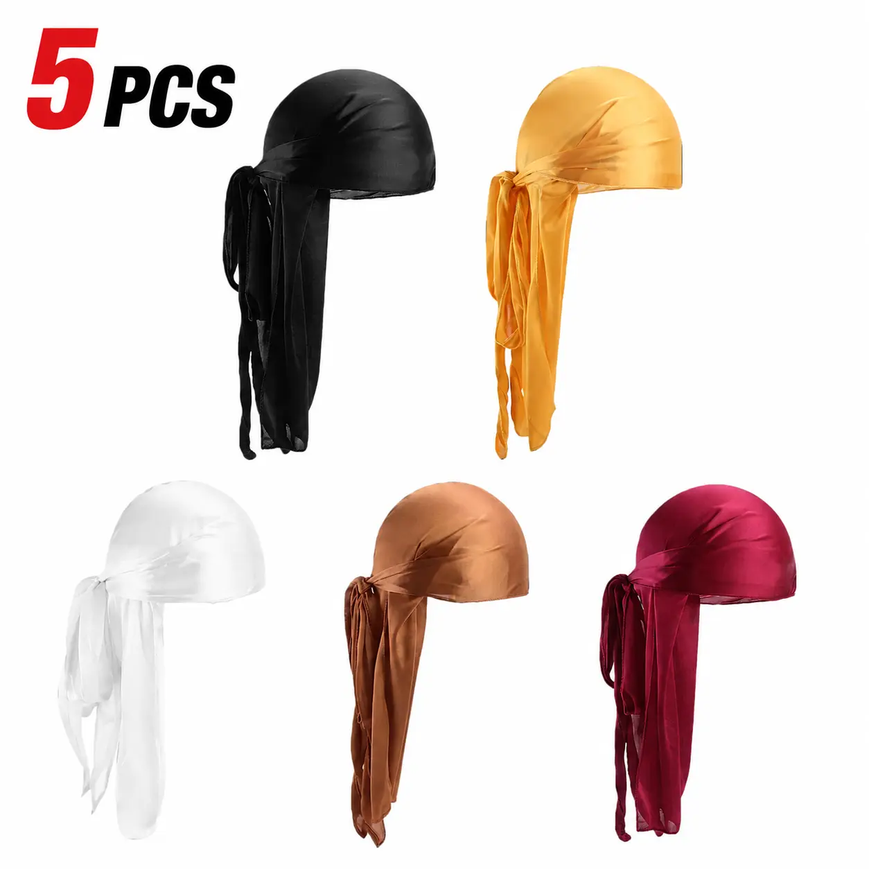 5 Pack Solid Color Satin Durag for Men, Comfort Soft Breathable Long Tail Headwrap, Casual Fashion Doo Rag Head Scarf Accessory for Outdoor Sports & Daily Wear
