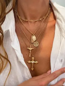 4-Piece Vintage Geometric Necklace Set - Edgy Layered Cross Pendants with Metal Round Charms, Stackable necklace layering Boho Punk Jewelry for Music Festivals & Pride Month, Women’s Graduation Gift