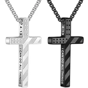 Men's Fashion Hip-Hop Cross Pendant, 14K Gold Plated/Black/Silver American Flag Necklace with Bible Verse Religious Jewelry