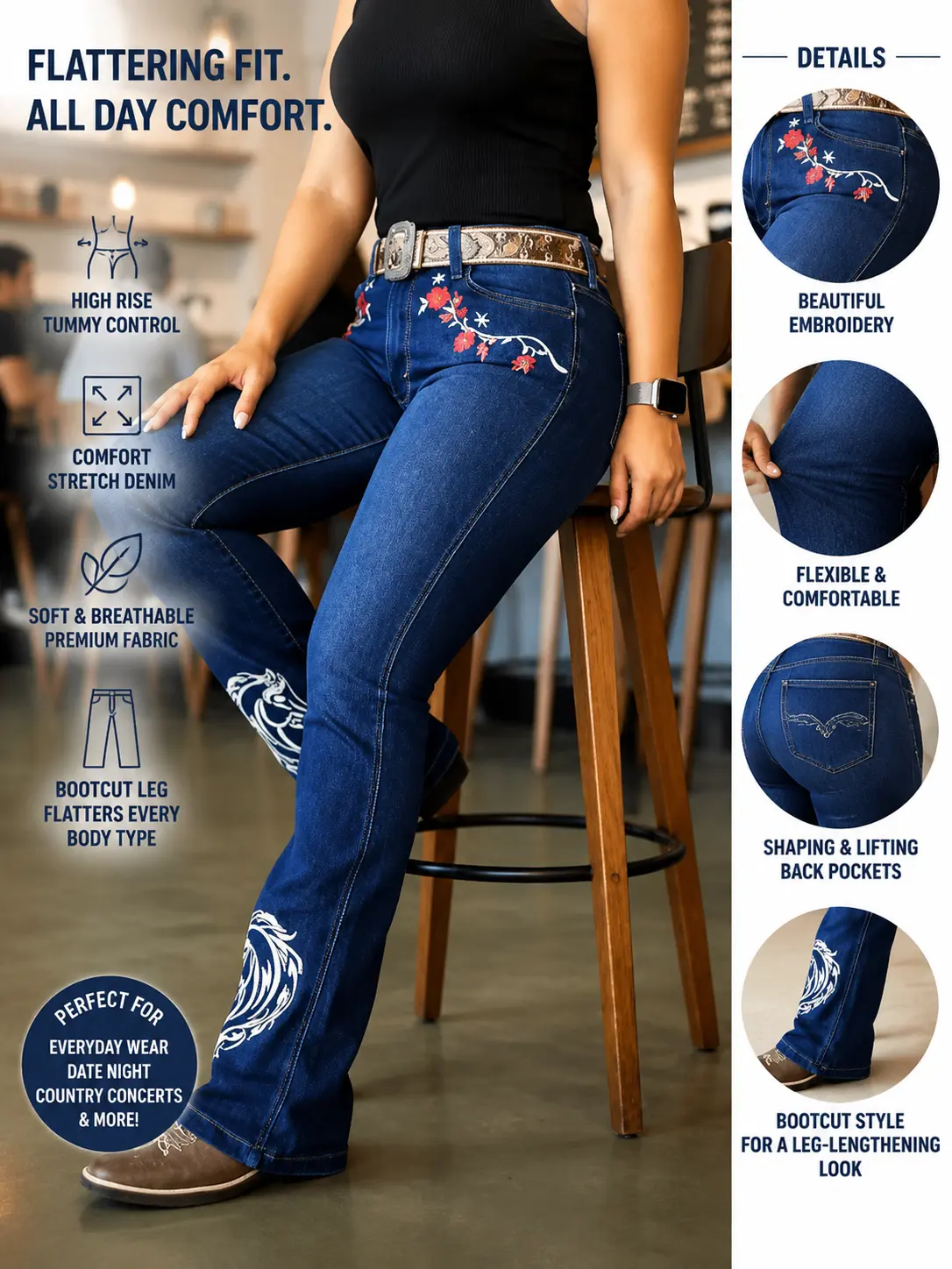 Women's Floral Embroidery Bootcut Jeans, Western Style Cotton Denim Fabric for Everyday Streetwear, Casual, Fitted, Bottom, Pockets, Bottoms, Embroidered