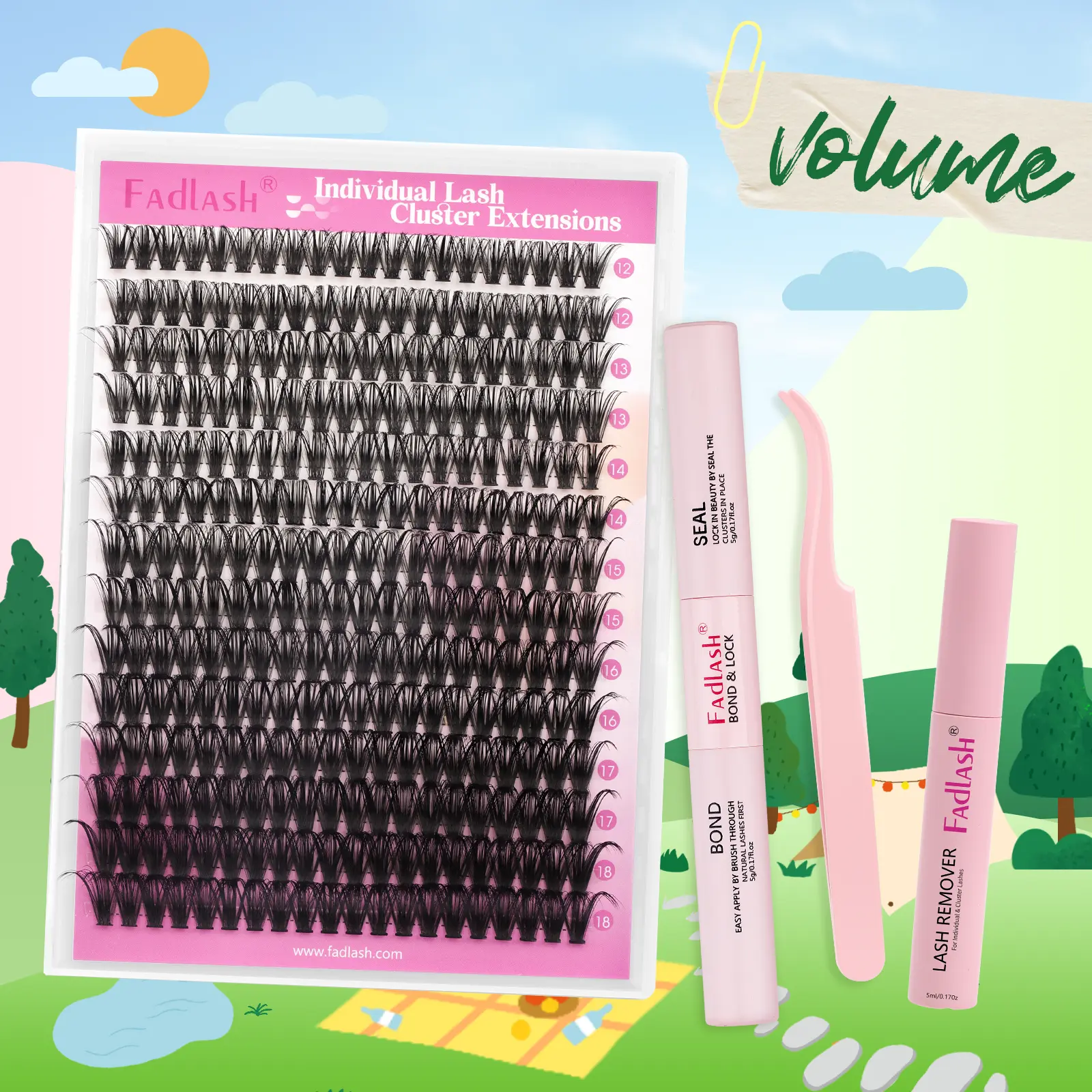 FADLASH DIY Lash Extension Kit with Lash Clusters Bond Seal Glue Remover Tweezers for Springtok Eyelash Enhancement Volume Enhancing Tools