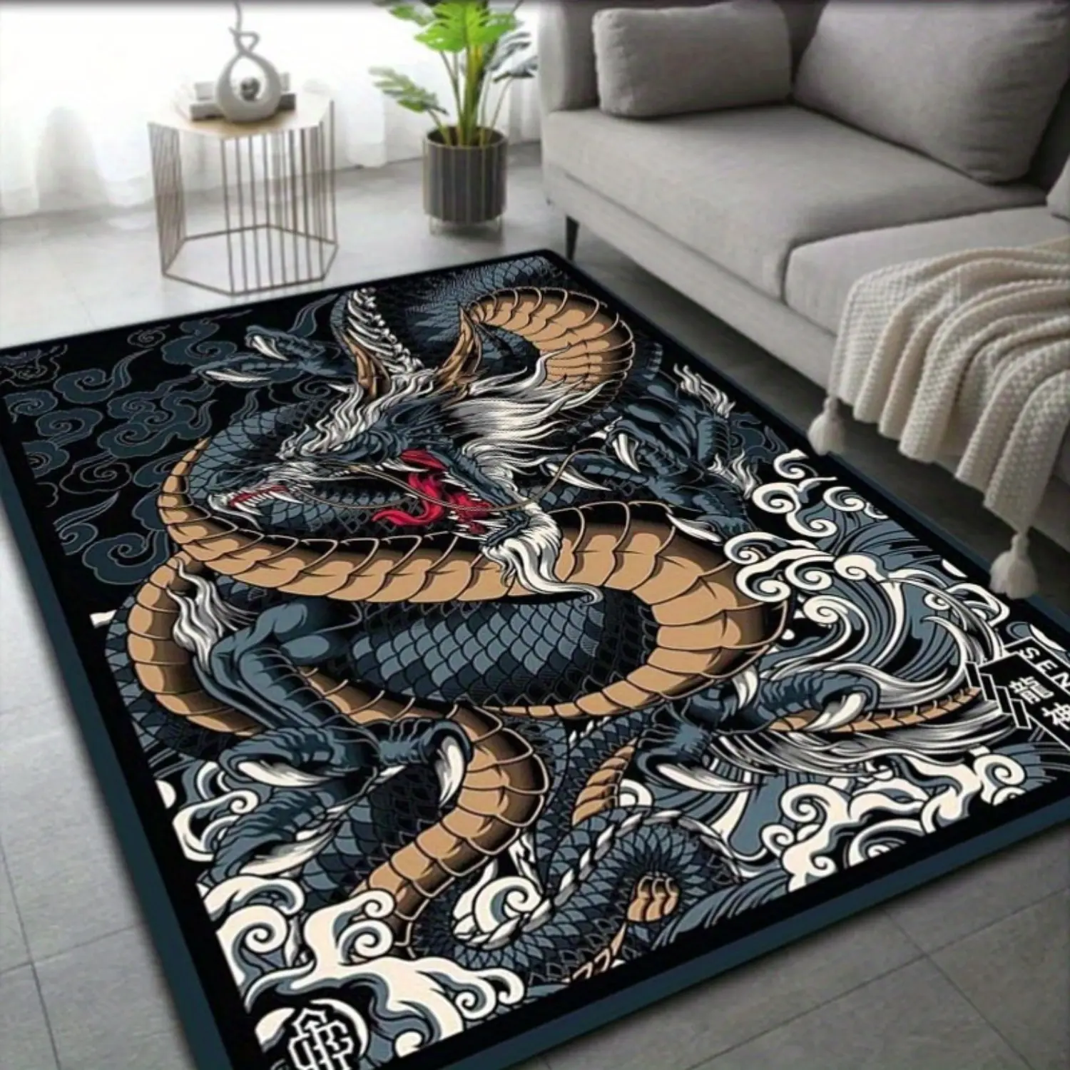 Japanese Dragon Tattoo Style Large Soft Diatomite Anti-Dust Area Rug - Bold Traditional Design, Super Anti-Slip Rubber Backing, Easy To Clean, Machine Washable for Bathrooms, Laundry Rooms, Anti-Dust Area Rugs