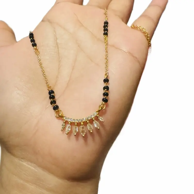 Women's Short Gold Chain Beaded Necklace - Black Beads, Daily Wear Culturally-Inspired Gold-Themed Chain Jewelry Mangalsutra (Costume Jewelry Accessory), Beaded Necklace Necklaces, Gold-Themed Necklaces