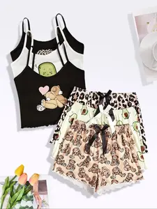 Women's 3-Piece Teddy Bear Avocado Leopard Print Matching Sleepwear Set, Soft Cotton Lounge Wear, Comfortable Home for Women, Loungewear, Homewear, Aesthetic