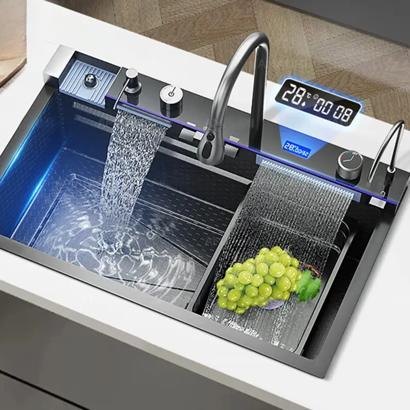 Durable 304 Stainless Steel Modern Undermount Kitchen Sink - Large Capacity Single Slot Waterfall Set with Integrated Digital Display Faucet, Soap Dispenser, Cup Washer, Ease of Cleaning, No Dirt Design