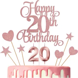 20th Birthday Cake Decorations, 20th Birthday Candles Cake Numeral Candles and Glitter Happy 20th Birthday Cake Toppers Set for Birthday Party Supplies (Rose Gold)