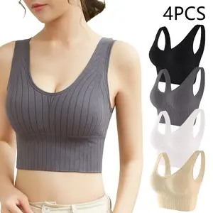 Women's 4-Pack Seamless Ribbed Wireless Sports Bras, Athletic Fitted Seamless Activewear, Bra for Women for Sports & Everyday Wear, 1 Size Fits Most Summervibes Fitness Underwear