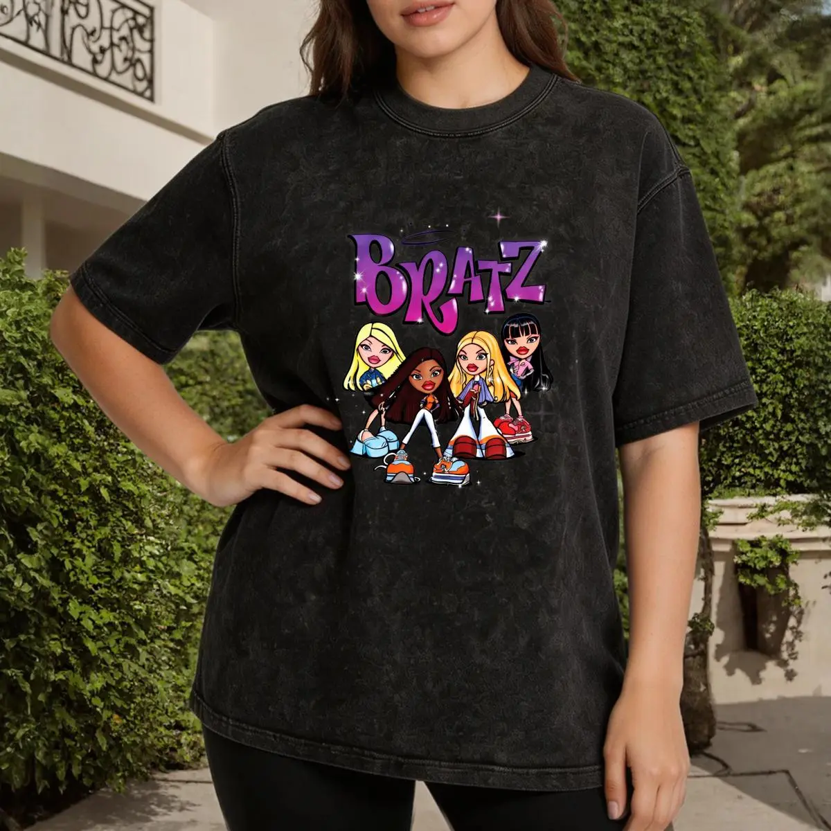 Bratz Cartoon Characters Women's Vintage Washed T-Shirt Bratz Cartoon Characters Graphic Print Oversized Graphic Tee Outdoor Casual Short Sleeve