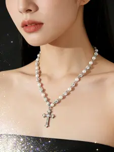 Vintage Fashion Simple Rhinestone Cross Pendant Faux Pearl Necklace, Elegant Punk Accessory, All Season Alloy Chain, Party Wear, Valentine's Gift