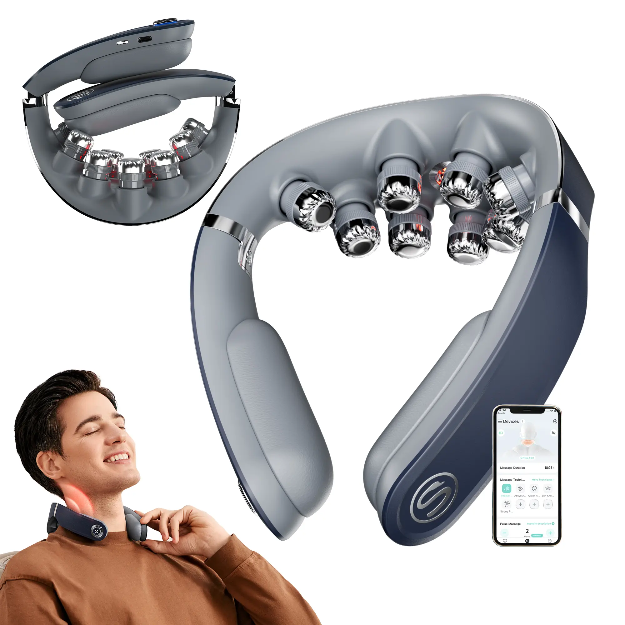 SKG Foldable Neck Massager for Pain Relief, Deep Tissue Vibration Massager, Portable 9D Electric Shiatsu Neck Massager, Christmas Gift, G7 Pro Fold