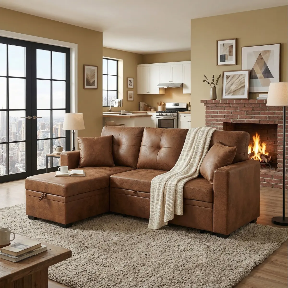 Aobtkel Sleeper Sofa, Sectional with Pull-Out Bed, Reversible Chaise, Storage Sectional,  Light Brown breathable  fabric, Small Space Solution, Convertible Sofa Bed, Living Room Furniture, L-Shaped Sofa   WL#Summervibes