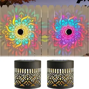 2-Pack RGB Solar Mandala Projector Wall Lights,Waterproof Durable Metal Fence Light,Outdoor Decorative Lights for Fence,Garden,Patio,Backyard,and Courtyard,Outdoor Decorative Ambient Lighting