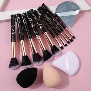 14PCS high-quality makeup set brushes, including black marble-textured powder brush, blush brush, setting brush, eyeshadow brush, makeup set brush + high rebound non-sticking powder beauty egg + double-sided soft triangular powder puff Cosmetic Brush Set