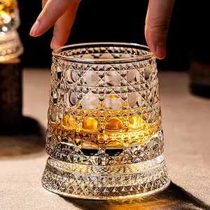 360° Rotating Whiskey Glass Tumbler, Spinning Crystal Wine Glass with Stress Relief Function, Stable Decoupled Base, Exquisite Embossed Patterns for Scotch,Bourbon,Cocktails