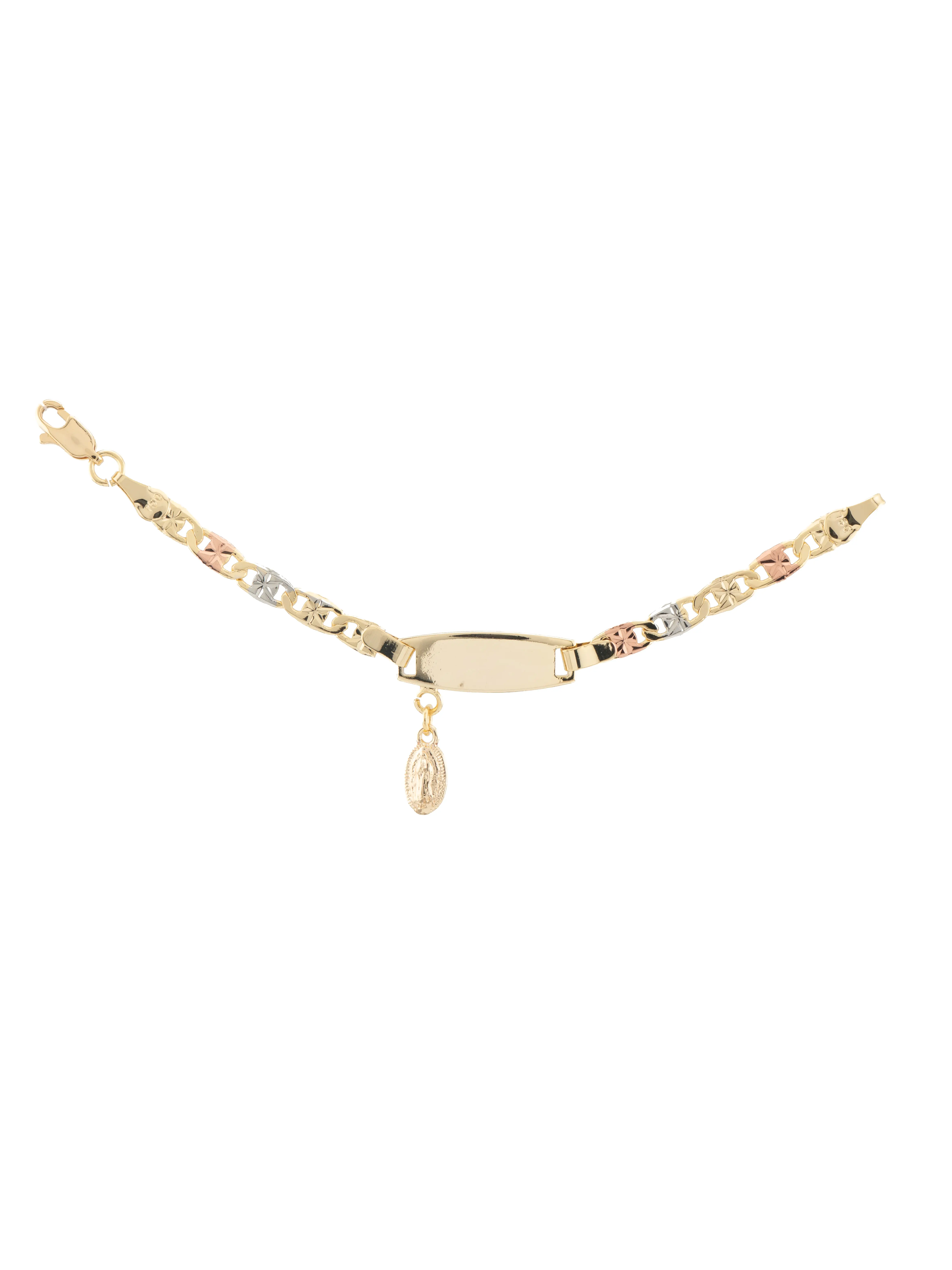 Baby bracelet with Virgin Mary charm, suitable for babies under 1 year old. 4.5-inch ID style bracelet in three-tone gold-plated metal. Customizable with a name. Please leave the name in a note or message.