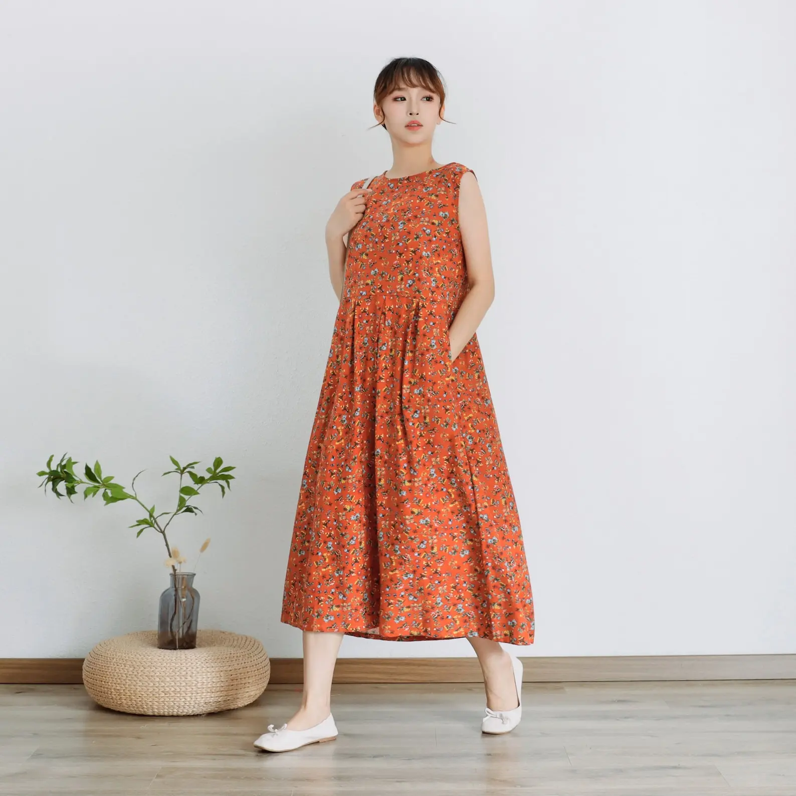 Cotton Dress Summer Dress Sleeveless Floral Sundress Casual Loose Dress Tunics Midi Dresses
