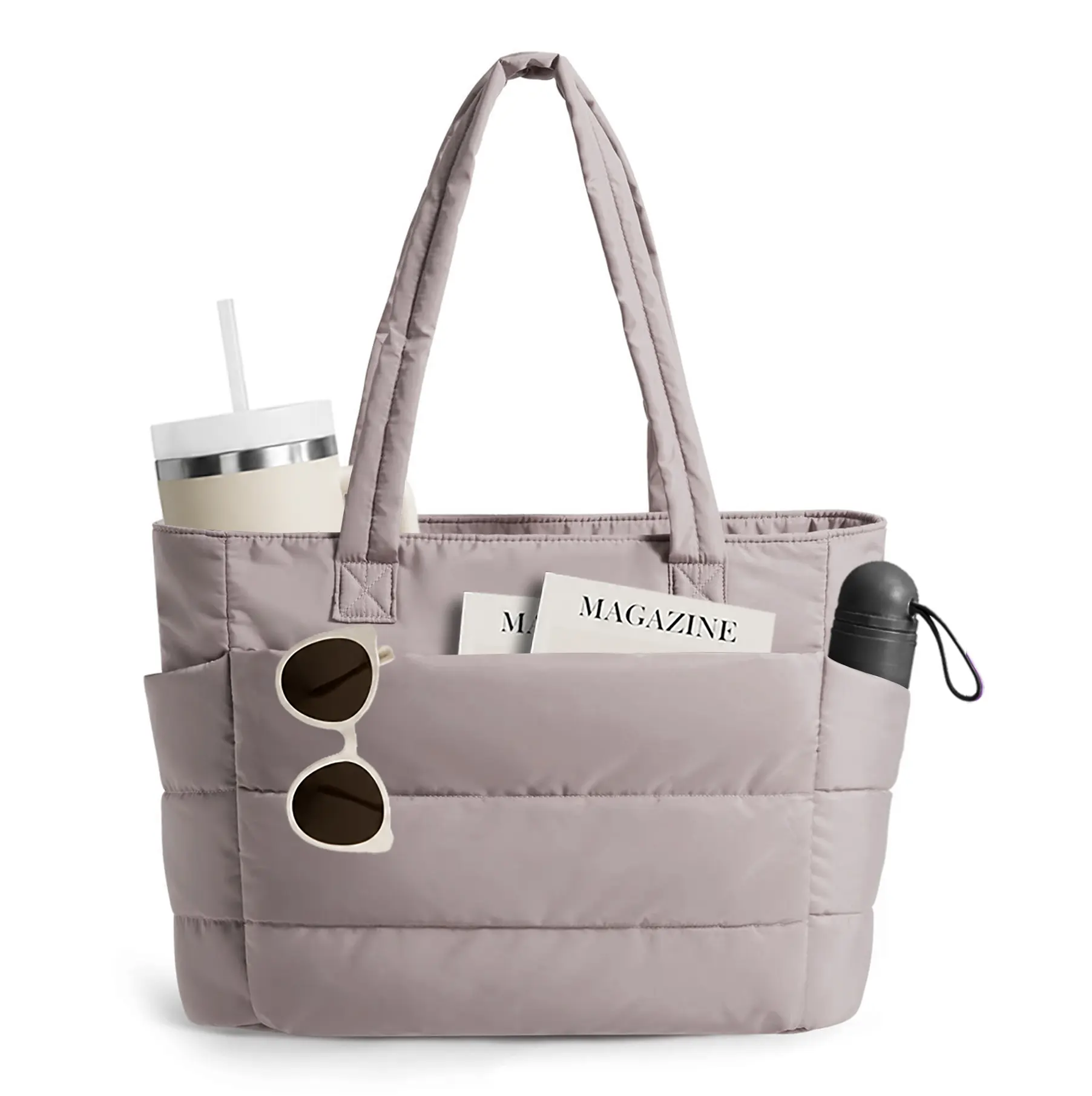 Puffy Quilted Tote Bag for Women, Lightweight Bubble Nylon Laptop Shoulder Bag with Multiple Compartments, Large Handbag Fits 13.8 Inch Laptop for Work, College, Travel & Daily Commute, Tote Bag