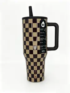 HydroJug Traveler 40oz Brown Checkered Stainless Thermo Tumbler Flask - 24hr Cold, Leakproof, Cup Holder Friendly, Stylish Retro Checkerboard, Portable, BPA-Free Drinkware with Handle & Straw